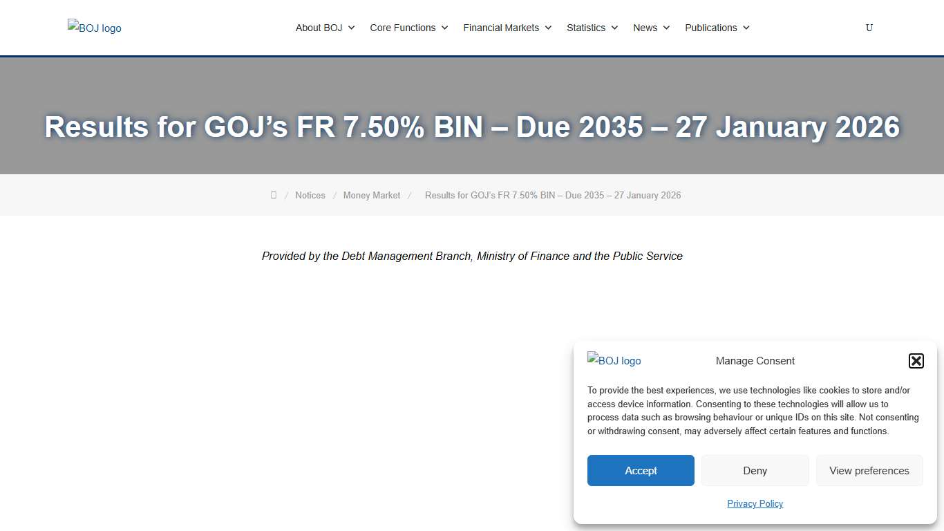 Results for GOJ’s FR 7.50% BIN – Due 2035 - 27 January 2026 » Bank of Jamaica