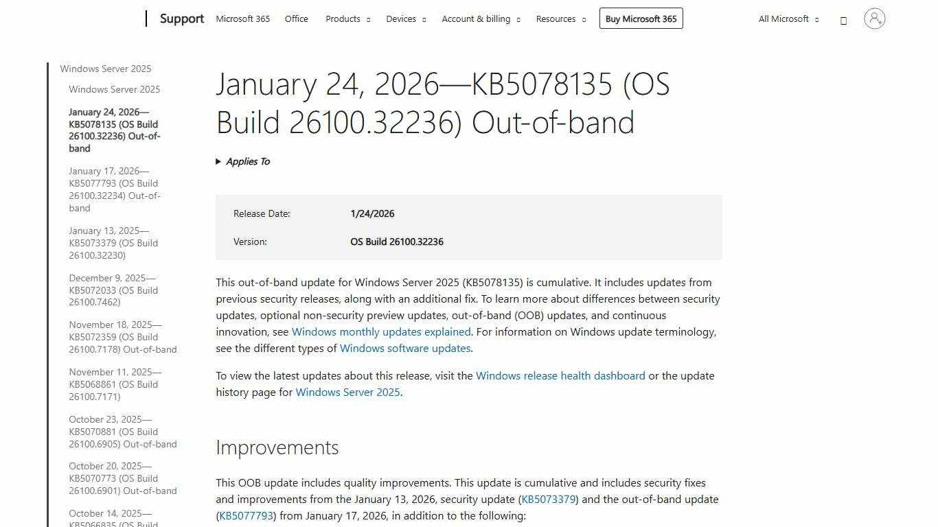 January 24, 2026—KB5078135 (OS Build 26100.32236) Out-of-band - Microsoft Support