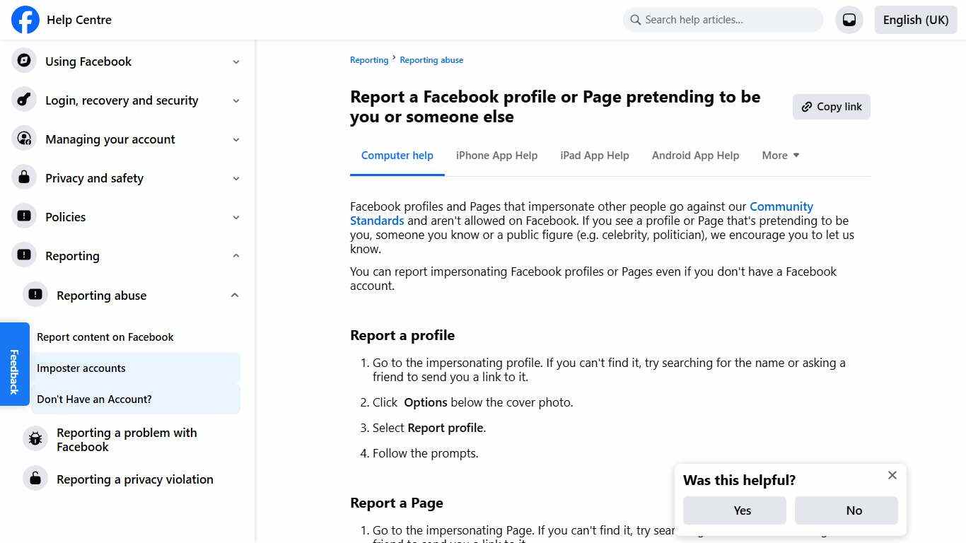 Report a Facebook profile or Page pretending to be you or someone else Facebook Help Centre